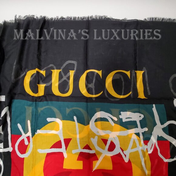 GUCCI SCARF COCO CAPITAN TOMORROW GG LOGO BLACK MODAL SILK SHAWL SQUARE 55" - Picture 10 of 15